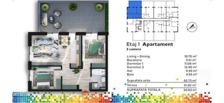 Apartament 3 camere, etaj 1, terasa 30 mp in bloc nou, zona Terapia!